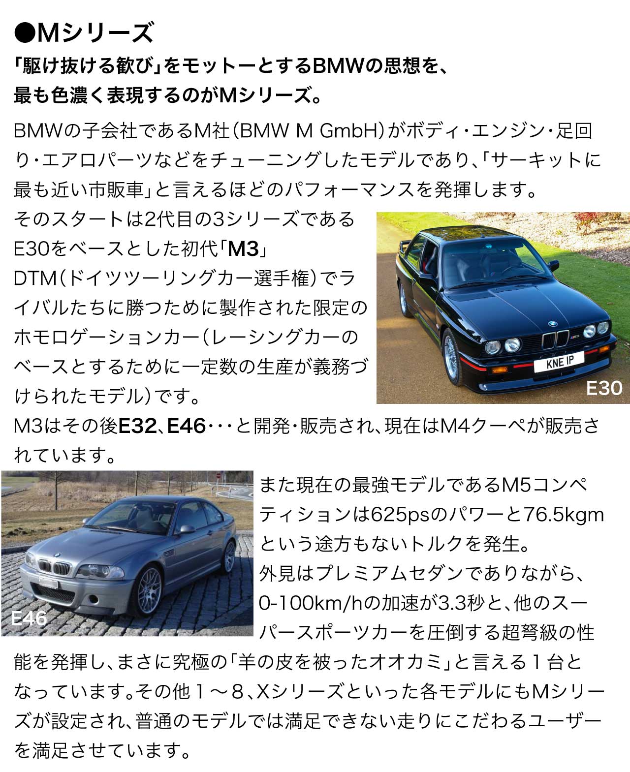 Mシリーズ 「駆けぬける歓び」をモットーとするBMWの思想を、最も色濃く表現するのがMシリーズ。BMWの子会社であるM社（BMW M GmbH）がボディ・エンジン・足回り・エアロパーツなどをチューニングしたモデルであり、「サーキットに最も近い市販車」と言えるほどのパフォーマンスを発揮します。そのスタートは2代目の3シリーズであるE30をベースとした初代「M3」DTM（ドイツツーリングカー選手権）でライバルたちに勝つために製作された限定のホモロゲーションカー（レーシングカーのベースとするために一定数の生産が義務づけられたモデル）です。M3はその後E32、E46・・・と開発・販売され、現在はM4クーペが販売されています。また現在の最強モデルであるM5コンペティションは625psのパワーと76.5kgmという途方もないトルクを発生。外見はプレミアムセダンでありながら、0-100km/hの加速が3.3秒と、他のスーパースポーツカーを圧倒する超弩級の性能を発揮し、まさに究極の「羊の皮を被ったオオカミ」と言える１台となっています。その他１～８、Xシリーズといった各モデルにもMシリーズが設定され、普通のモデルでは満足できない走りにこだわるユーザーを満足させています。