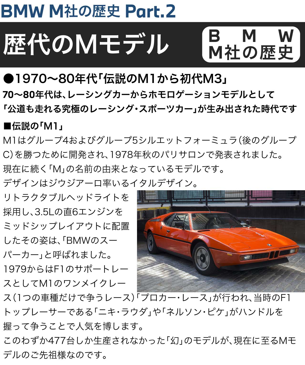 BMW M社の歴史 Part.2 歴代のMモデル　BMW M社の歴史 1970～80年代「伝説のM1から初代M3」70～80年代は、レーシングカーからホモロゲーションモデルとして「公道も走れる究極のレーシング・スポーツカー」が生み出された時代です■伝説の「M1」M1はグループ4およびグループ5シルエットフォーミュラ（後のグループC）を勝つために開発され、1978年秋のパリサロンで発表されました。現在に続く「M」の名前の由来となっているモデルです。デザインはジウジアーロ率いるイタルデザイン。リトラクタブルヘッドライトを採用し、3.5Lの直6エンジンをミッドシップレイアウトに配置したその姿は、「BMWのスーパーカー」と呼ばれました。1979からはF1のサポートレースとしてM1のワンメイクレース（1つの車種だけで争うレース）「プロカー・レース」が行われ、当時のF1トップレーサーである「ニキ・ラウダ」や「ネルソン・ピケ」がハンドルを握って争うことで人気を博します。このわずか477台しか生産されなかった「幻」のモデルが、現在に至るMモデルのご先祖様なのです。