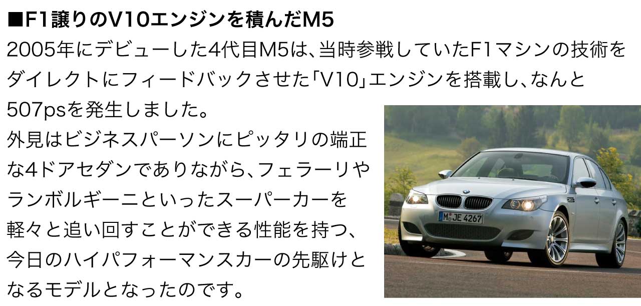 F1譲りのV10エンジンを積んだ M5 2005年にデビューした 4代目M5 は、当時参戦していたF1マシンの技術をダイレクトにフィードバックさせた「V10」エンジンを搭載し、なんと507psを発生しました。外見はビジネスパーソンにピッタリの端正な4ドアセダンでありながら、フェラーリやランボルギーニといったスーパーカーを軽々と追い回すことができる性能を持つ、今日のハイパフォーマンスカーの先駆けとなるモデルとなったのです。