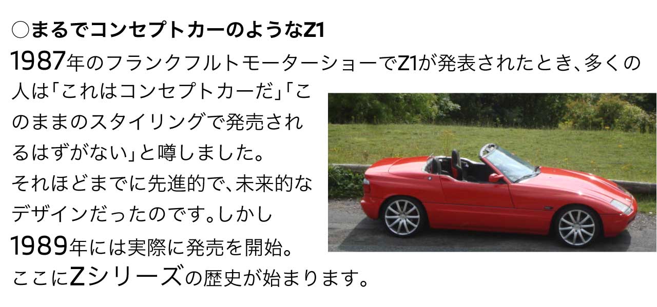 まるでコンセプトカーのようなZ1 1987年のフランクフルトモーターショーでZ1が発表されたとき、多くの人は「これはコンセプトカーだ」「このままのスタイリングで発売されるはずがない」と噂しました。それほどまでに先進的で、未来的なデザインだったのです。しかし1989年には実際に発売を開始。ここにZシリーズの歴史が始まります。