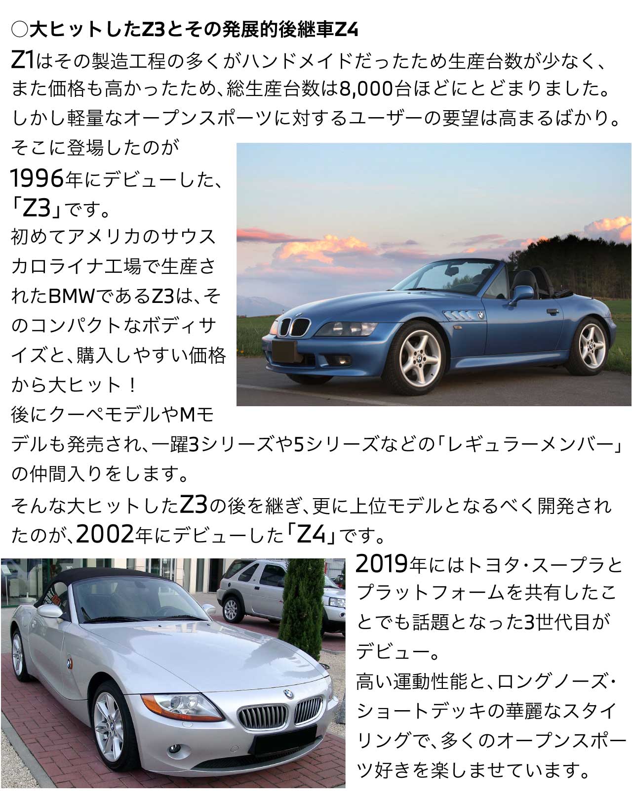 大ヒットしたZ3とその発展的後継車Z4Z1はその製造工程の多くがハンドメイドだったため生産台数が少なく、また価格も高かったため、総生産台数は8,000台ほどにとどまりました。しかし軽量なオープンスポーツに対するユーザーの要望は高まるばかり。そこに登場したのが1996年にデビューした、「Z3」です。初めてアメリカのサウスカロライナ工場で生産されたBMWであるZ3は、そのコンパクトなボディサイズと、購入しやすい価格から大ヒット！後にクーペモデルやMモデルも発売され、一躍3シリーズや5シリーズなどの「レギュラーメンバー」の仲間入りをします。そんな大ヒットしたZ3の後を継ぎ、更に上位モデルとなるべく開発されたのが、2002年にデビューした「Z4」です。2019年にはトヨタ・スープラとプラットフォームを共有したことでも話題となった3世代目がデビュー。高い運動性能と、ロングノーズ・ショートデッキの華麗なスタイリングで、多くのオープンスポーツ好きを楽しませています